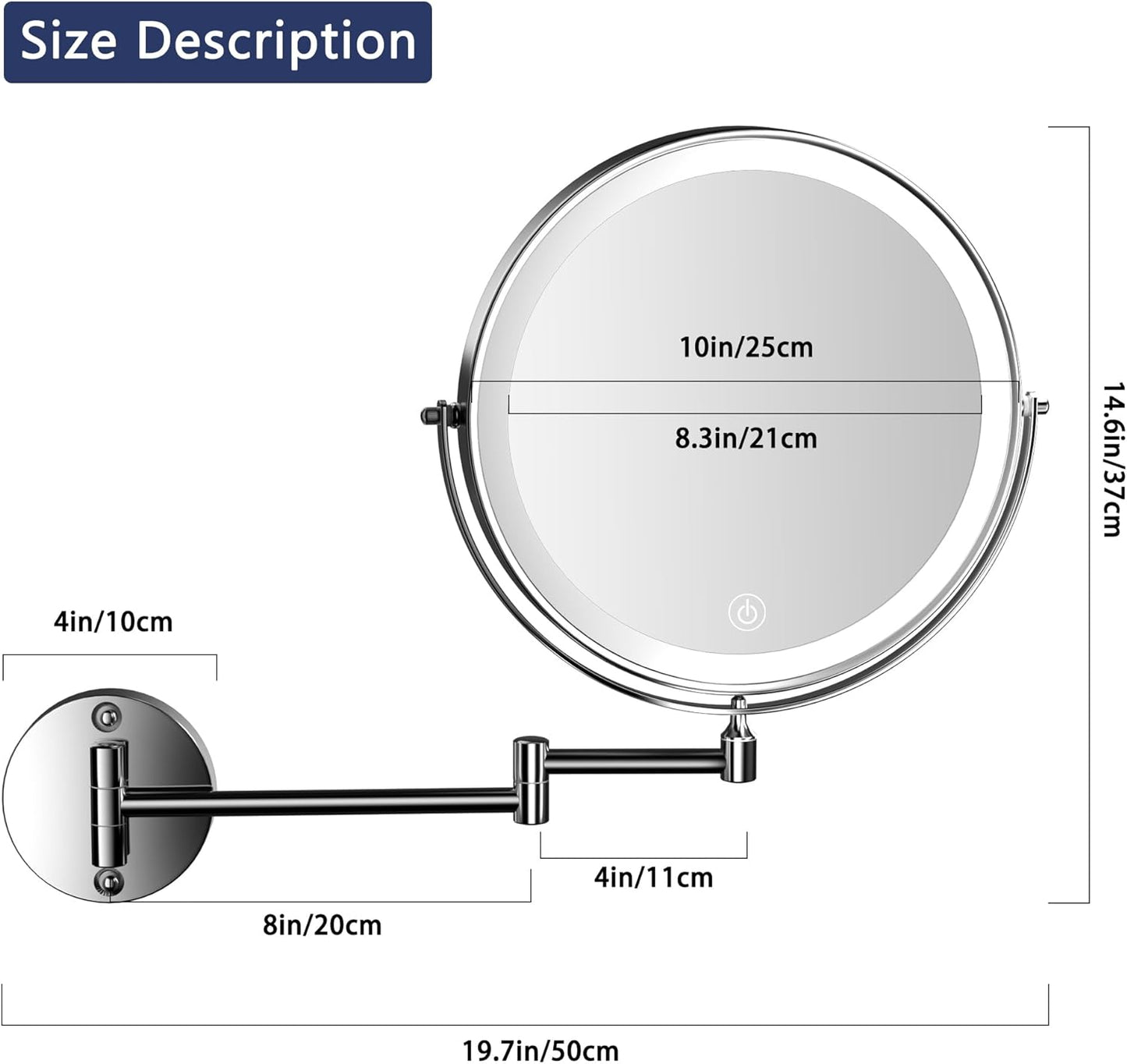 Hasipu 10-Inch Wall Mounted Makeup Mirror with Magnification, Rechargeable 3000 mAh Vanity Mirror with Lights, Bathroom Mirror with Dimmable Brightness, 3 Lighting Modes, Extendable Arm, Chrome