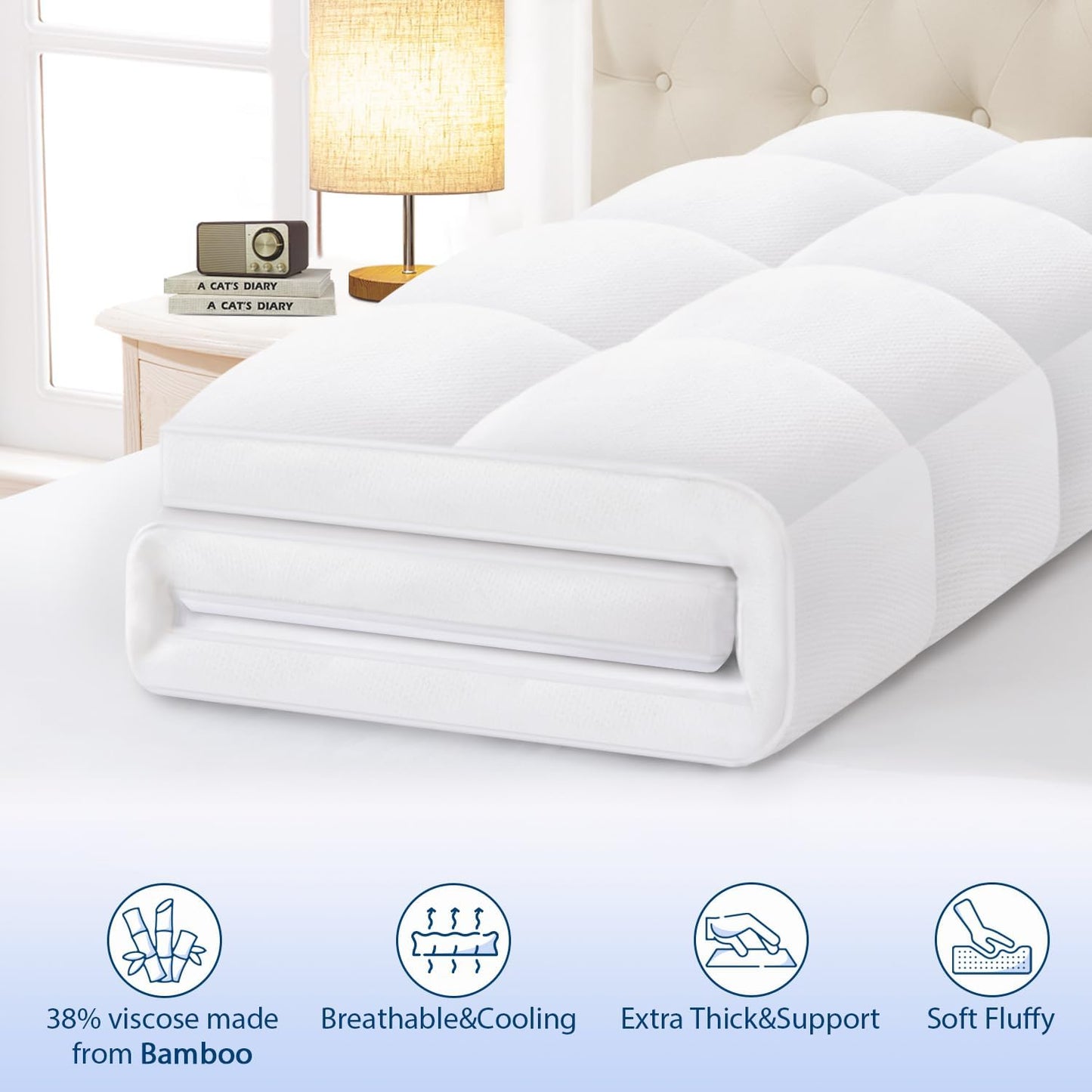 ELEMUSE Twin XL Cooling Bamboo Viscose Mattress Topper for College Dorm, Extra Long Twin Mattress Pad Cover for Back Pain, Soft Pillowtop with Elastic Deep Pocket, Overfilled Down Alternative Filling