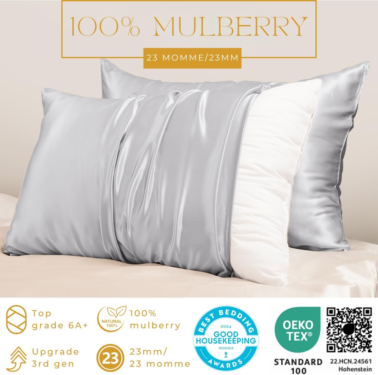 PROMEED 23 Momme Kids Silk Pillowcase 2 Pack with Free Laundry Bag, Natural Grade 6A+ Mulberry Silk Travel Toddler Pillow Case Set of 2, Zipper (Toddler/Travel 13"x18", Light Grey)
