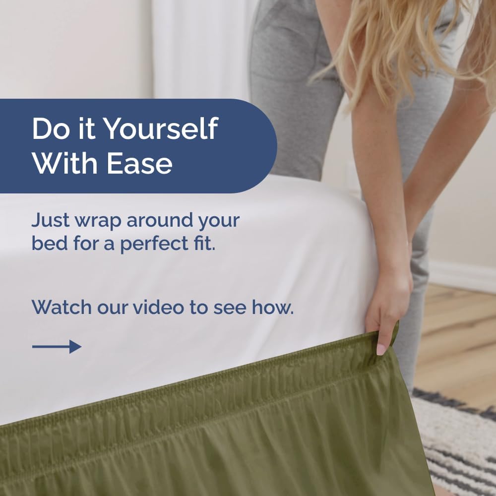 Wrap Around Dust Ruffle Bed Skirt - Sage Green - for King Size Beds with 15 Inch Drop - Elastic Strap - Adjustable Pleated Bedskirt with Brushed Fabric and Wrinkle Free - for Women, Men, Kids & Teens