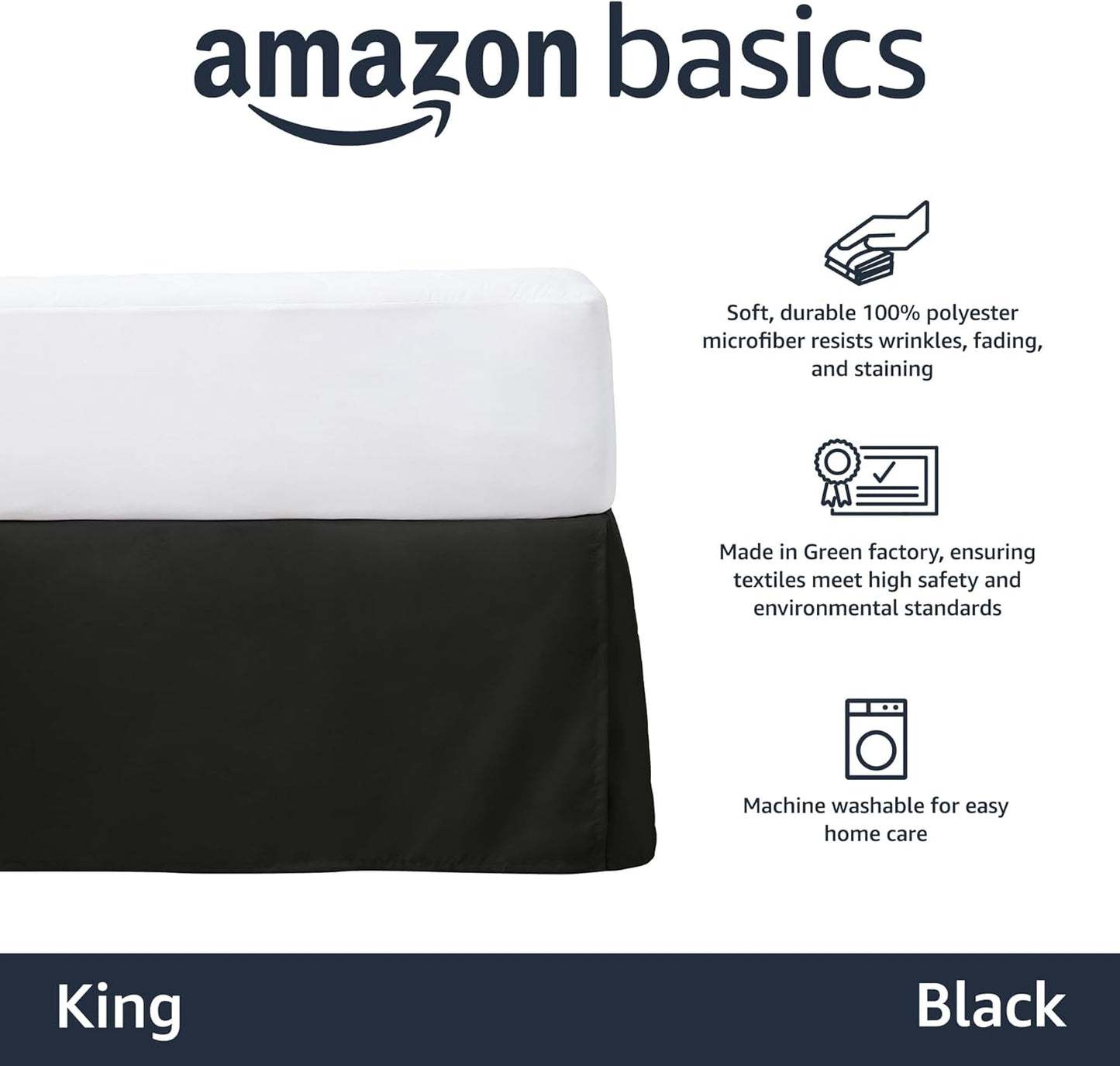 Amazon Basics Lightweight Pleated Bed Skirt, King, Black, Solid