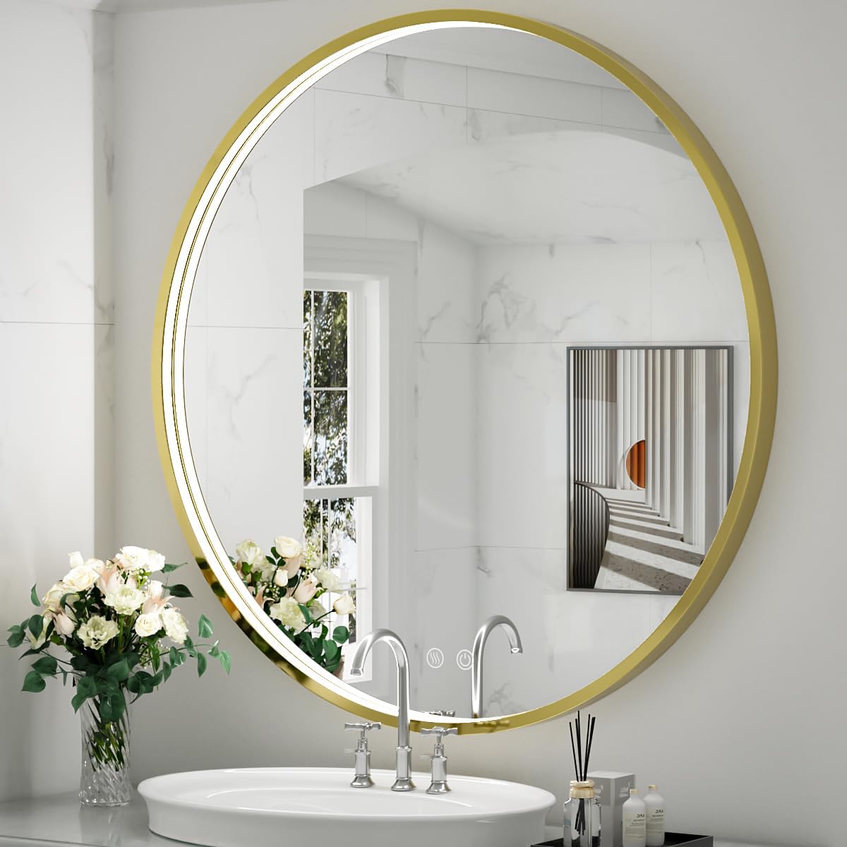 40" Round LED Bathroom Mirror, Dimmable Anti-Fog Vanity Mirror with Touch Control, 6000K Natural Light, Gold Metal Frame, Wall Mounted for Makeup Shaving (IP54, 90+ CRI)