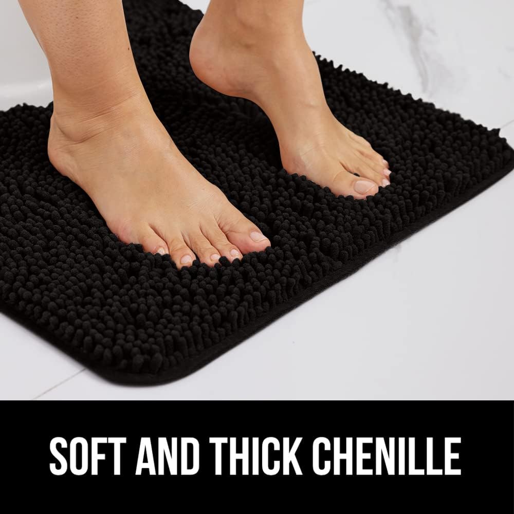 GORILLA GRIP Bath Rug Mat 30x20, Thick Soft Absorbent Chenille, Quick Dry Microfiber Mats, Rubber Backing Washable Shower Floor Rugs, Bathmat Runner, US Designed Bathroom Home Decor Accessories Black