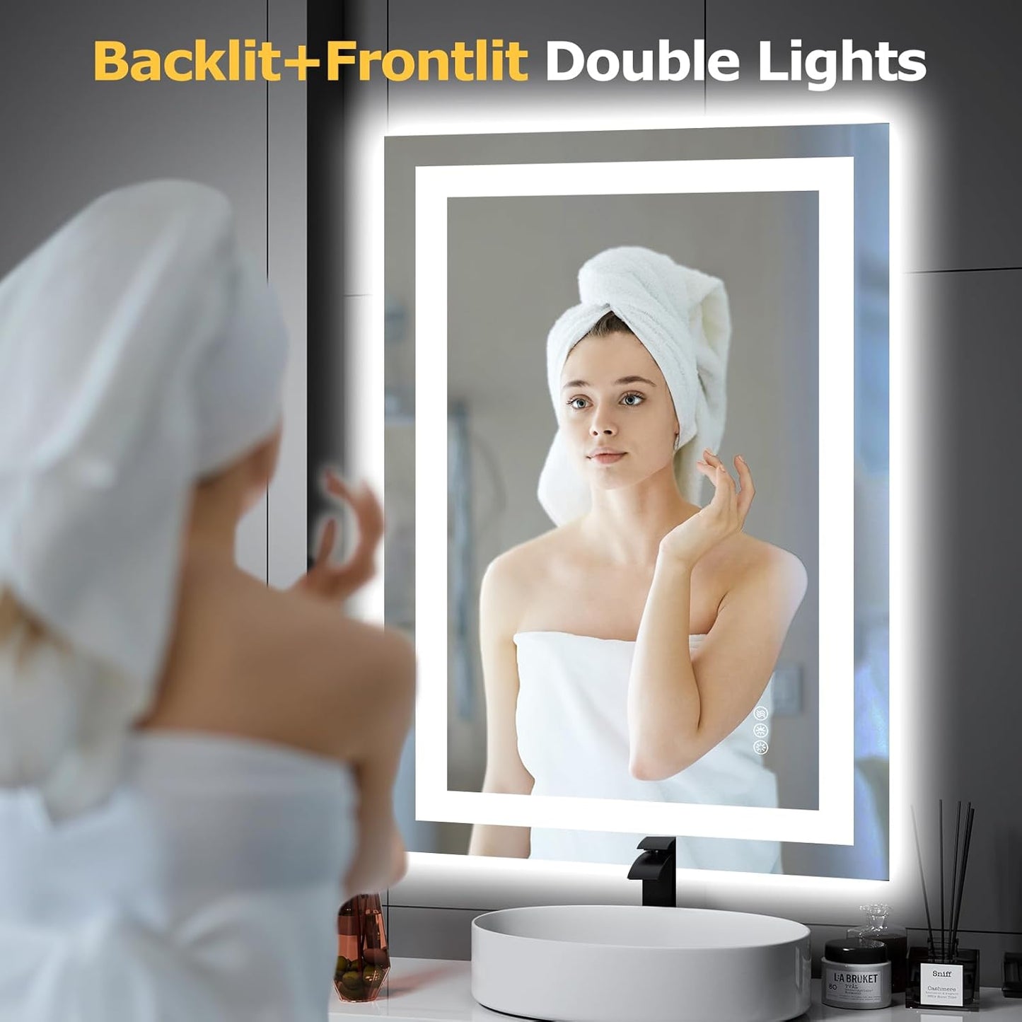 24X36 LED Bathroom Mirror with Lights, Anti-Fog, Dimmable, Backlit + Front Lit, Smart Bathroom Vanity Mirror, Memory Function, Shatterproof, Tempered Glass (Horizontal/Vertical)