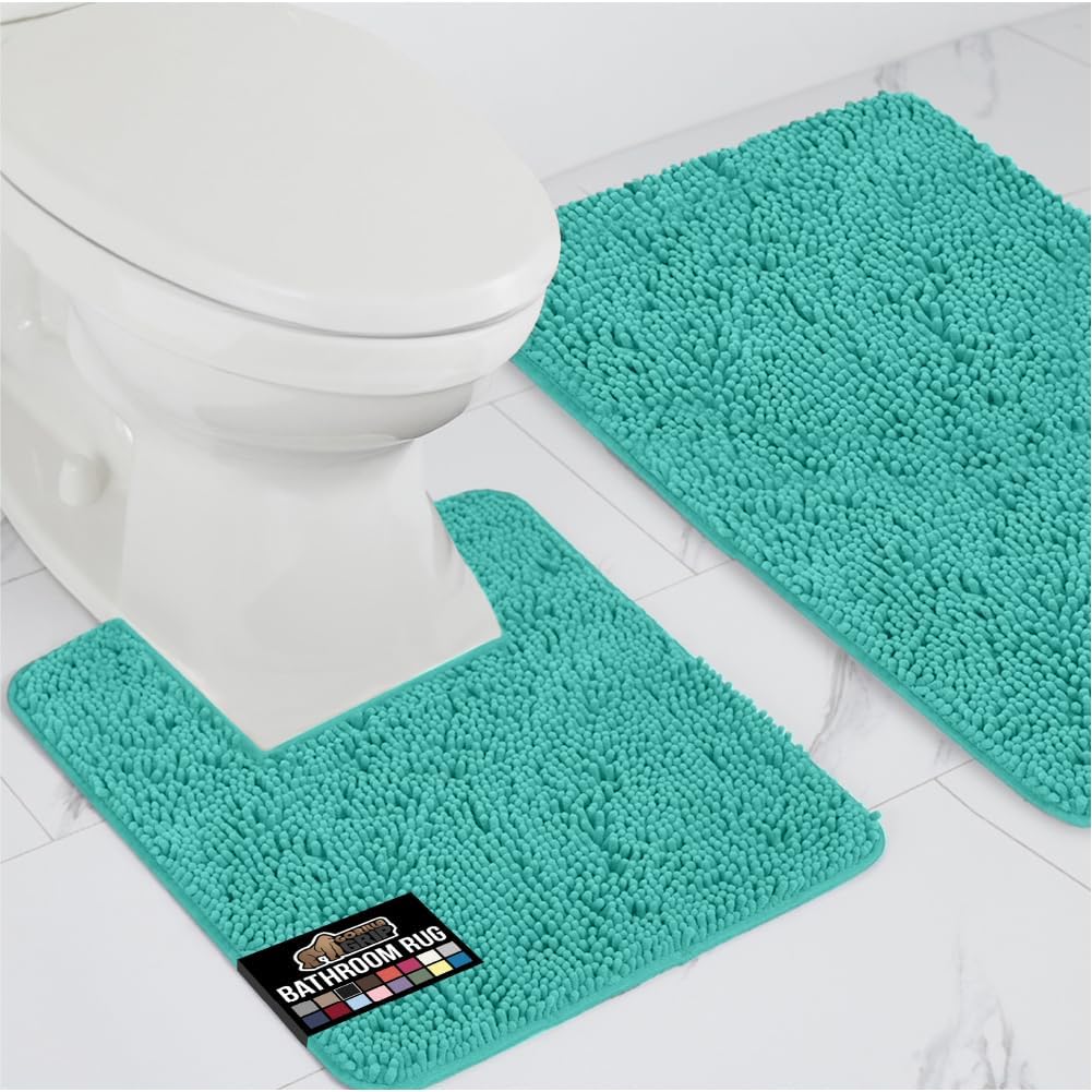 GORILLA GRIP Bathroom Rug Sets, Soft Chenille 2 Piece Area Rugs Set, Toilet Base Mat and 30x20 Carpet, Absorbent Microfiber Washable Mats Dry Quickly, Home Décor and Bath Room Accessories, Turquoise