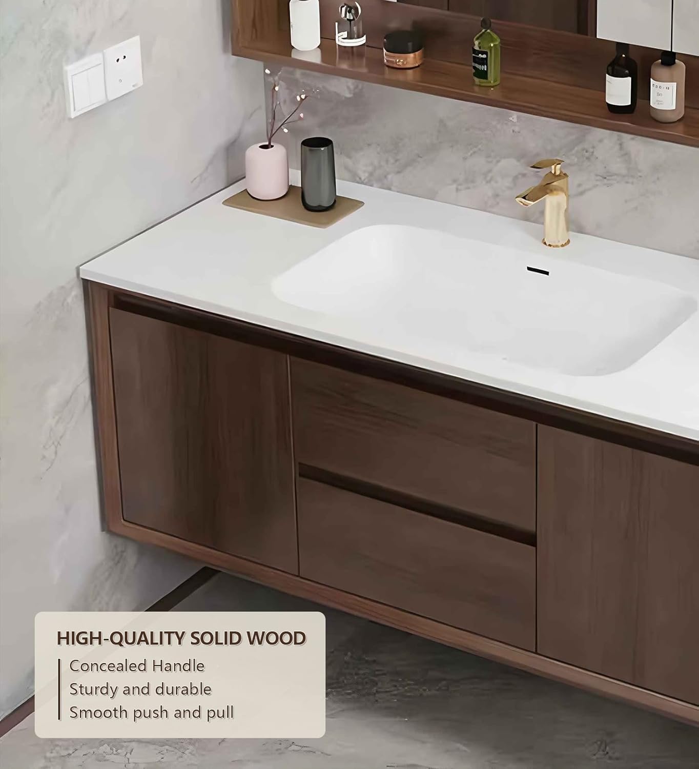 Bathroom Sink Vanity 88Inch, Floating Bathroom Vanity with LED Smart Defogging Mirror Cabinet and Open Shelf, Multi-Layer Solid Wood Bathroom Furniture Cabinet, Wall Mount Installation (Walnut)
