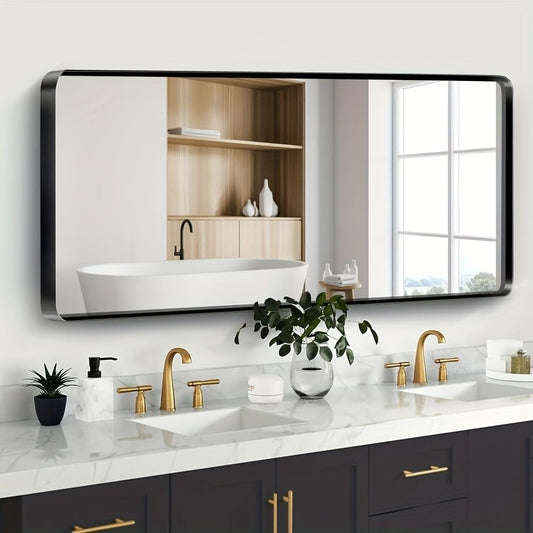 Black Bathroom Mirror 72X32 Inch, Black Metal Framed Mirror for Wall, Rounded Rectangle Matte Bathroom Vanity Mirror with Tempered Glass, Anti-Rust, Horizontal/Vertical