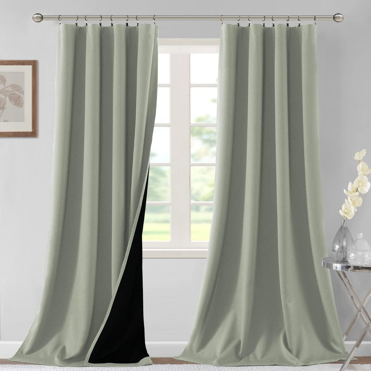 H.VERSAILTEX 100% Blackout Curtains for Bedroom Thermal Insulated Blackout Curtains 96 Inches Long Rod Pocket/Clip Rings Curtains for Living Room with Black Liner 2 Panels, Light Sage