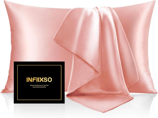 INFIIXSO Mulberry Silk Pillowcase for Hair and Skin, Silk Pillow Cases Standard Size with Hidden Zipper 20"x26", Extraordinary Smooth and Soft Cooling Pillow Cases for Hot Sleepers(Blush Pink, 1 Pack)
