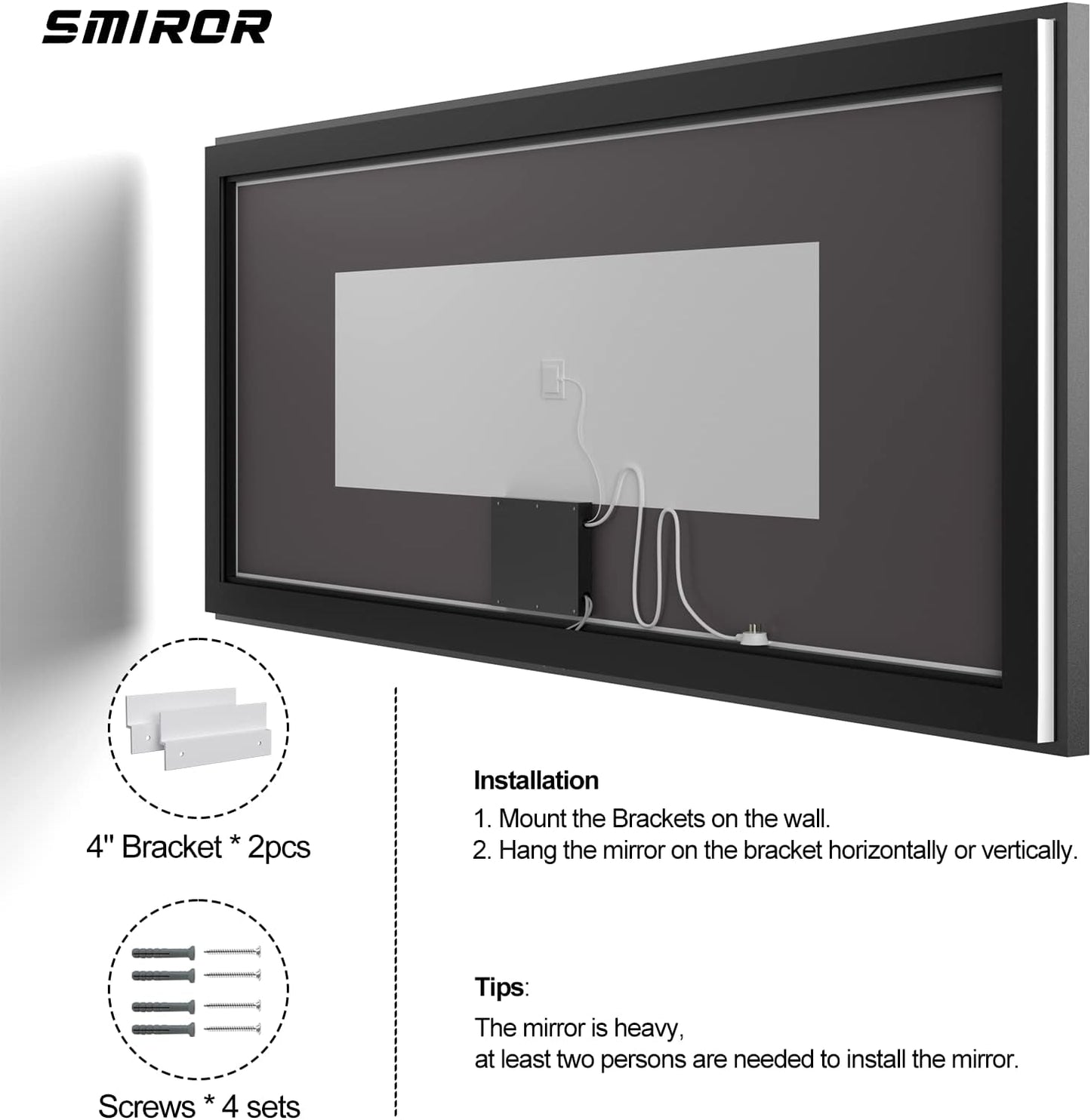 SMIROR 66x36 Black Frame LED Mirrors for Bathroom Wall, Large Lighted Vanity Mirrors, Dimmable, Anti-Fog, Memory, Shatterproof, ETL Listed (Front Lights and Backlit)