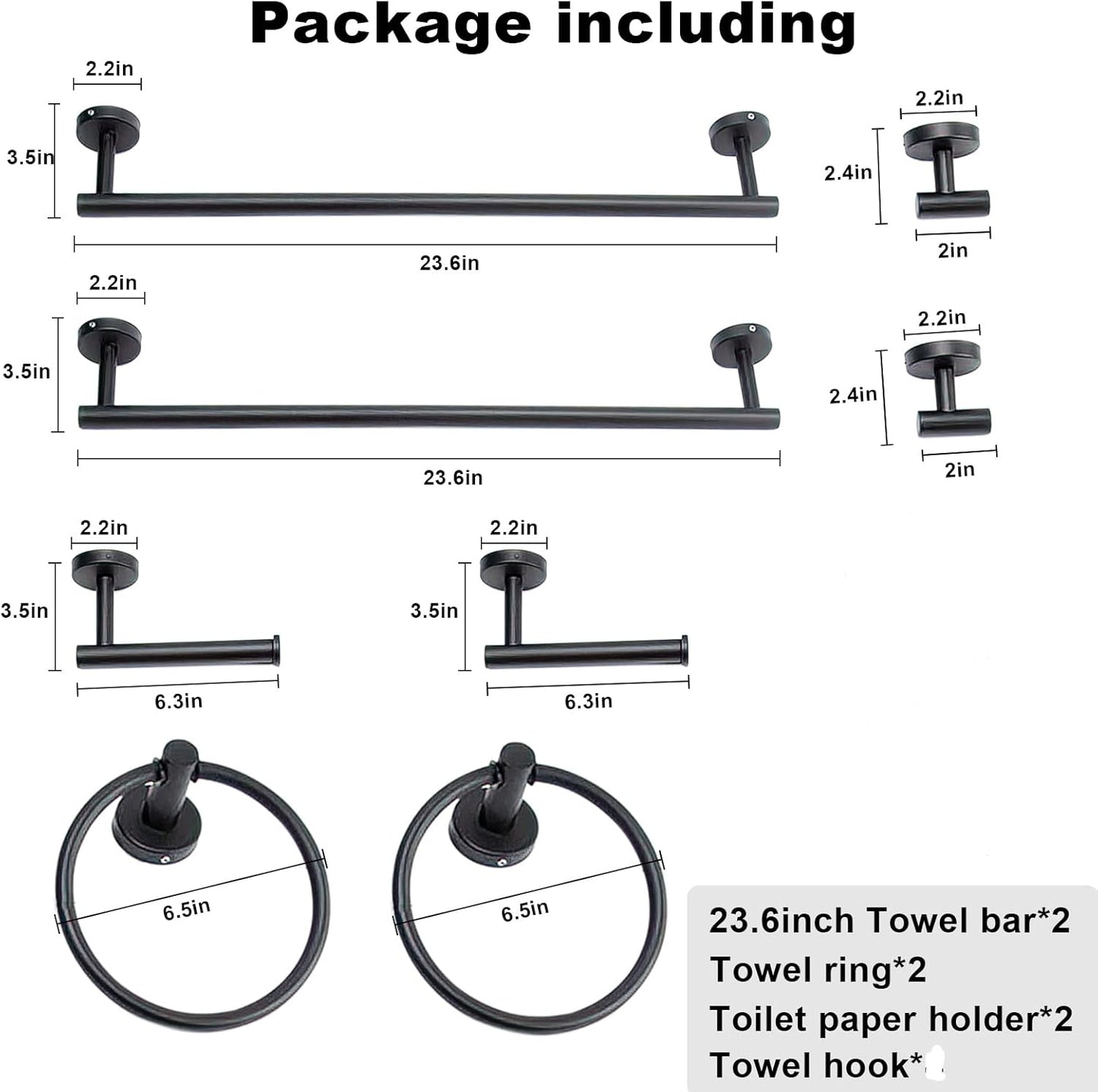 8 Pieces Bathroom Towel Rack Set, Includes 2PCS 23.6 inch Towel bar, 2PCS Towel Hook, 2 PCS Towel Ring, 2PCS Toilet Paper Holder-Matte Black Bathroom Accessories Sets