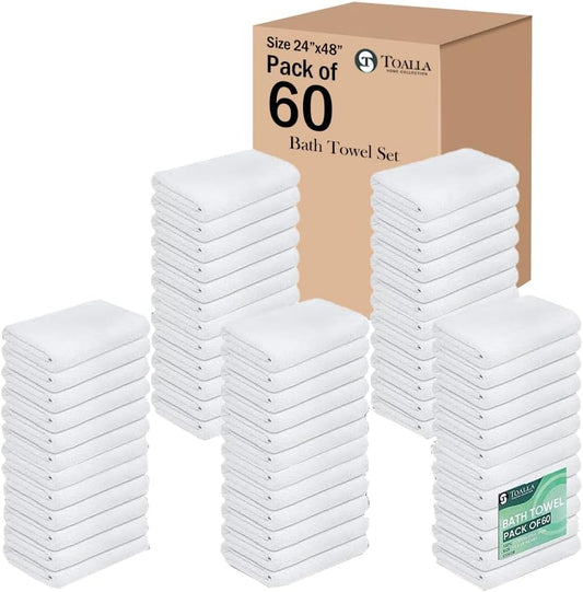 100% Cotton Bath Towel Set Pack of 60|500 GSM|Soft Large Bath Towel|Super Absorbent|Quick Dry|Ideal for Pool Home Gym Spa Hotel|Perfect for Daily Use|Bath Towel Set 24 x 48 Inches|White