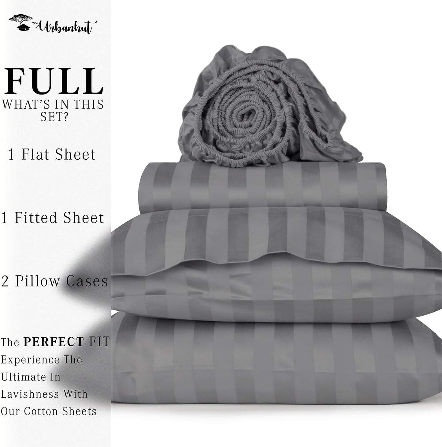 URBANHUT 1000 Thread Count Egyptian Cotton Sheets Damask Striped Full Size, Long Staple Soft & Breathable, 4 Pc Bed Sheet Sets, Luxury Hotel Sateen Sheets Fits 16" Deep Pocket - Dark Grey
