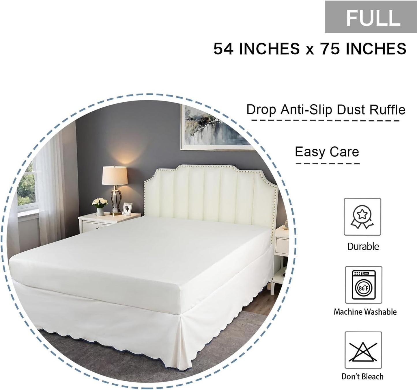 HIG Off-White Chic Full Bed Skirt - Easy Fit Scallop Edge Pleated Bedskirts, 14 Inch Drop Anti-Slip Dust Ruffle, Thick Fabric for Enhanced Privacy, Pre-Washed for Long-Lasting Use(N60022)