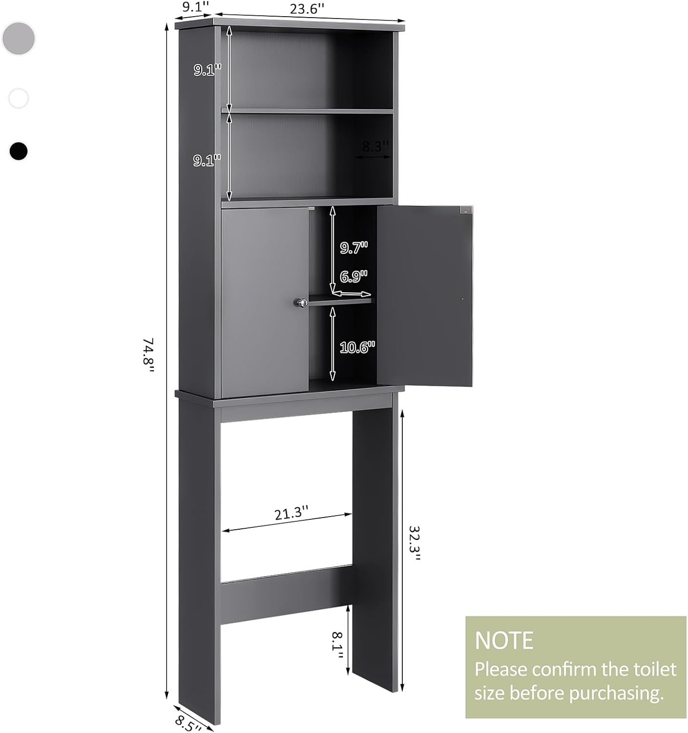 Meilocar Over The Toilet Storage Cabinet for Bathroom, 75in Over Toilet Cabinet Freestanding Storage Organizer, Space Saver with Doors and Adjustable Shelf, Grey