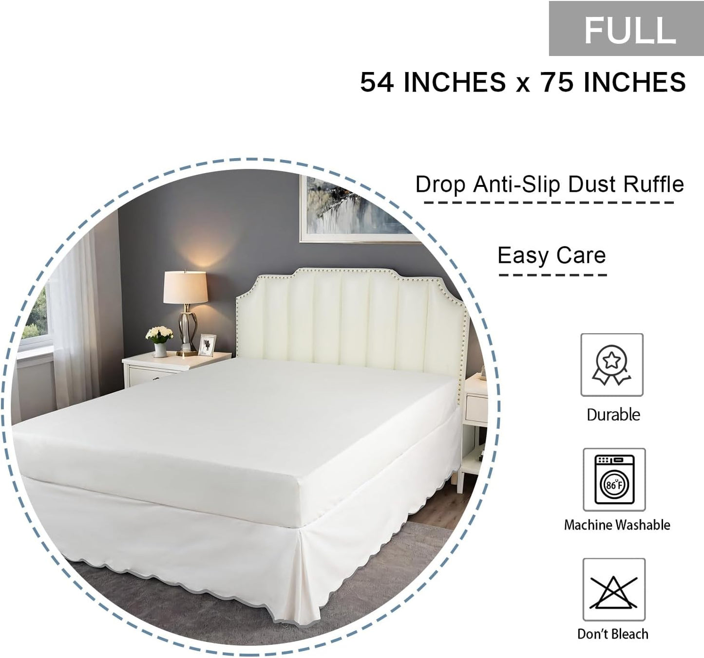 HIG Off-White Chic Full Bed Skirt - Easy Fit Scallop Edge Pleated Bedskirts, 14 Inch Drop Anti-Slip Dust Ruffle, Thick Fabric for Enhanced Privacy, Pre-Washed for Long-Lasting Use(N60022)