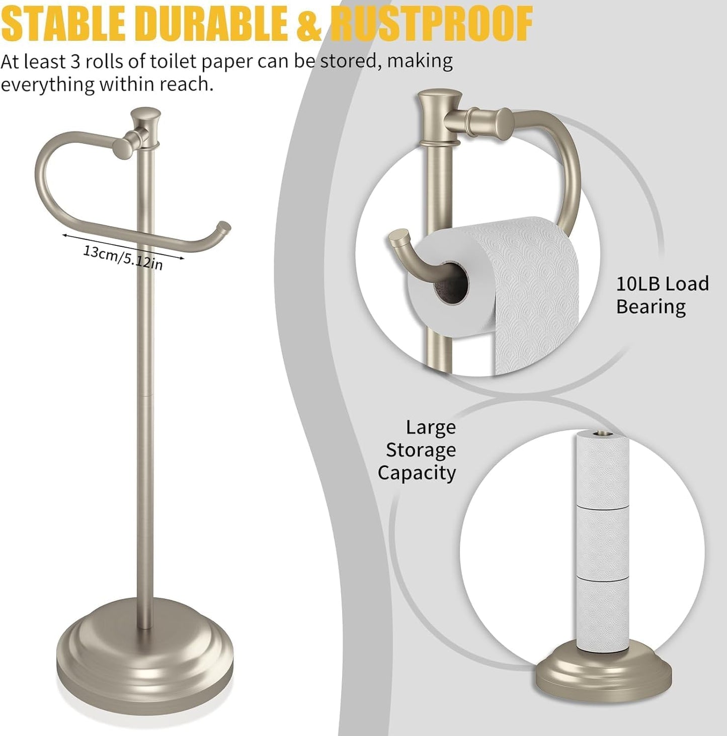 BESy Toilet Paper Holder Stand SUS 304 Free Standing Bathroom Tissue Holder with Storage Hardware Accessories Rack Hand Towel Bar Rustproof Lavatory Tissue Roll Holder Floor Modern Brushed Nickel