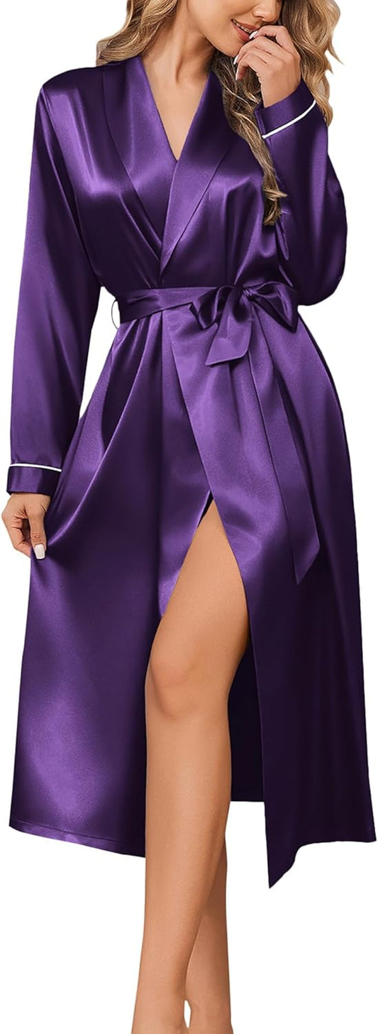 Ekouaer Silk Robes for Women Shawl Collar Satin Bathrobe Long Bride Wedding Party Robe Lightweight Sexy Sleepwear S-XXL