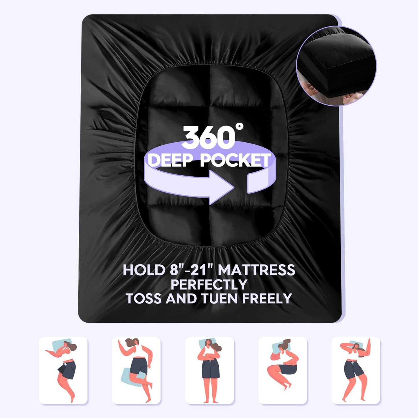 ABENE Mattress Topper for Back Pain Relief, Extra Thick Mattress Pad Pillowtop, Soft Mattress Protector Cover with 8"-21" Deep Pocket, Overfilled Down Alternative Filling (Black, Short Queen)