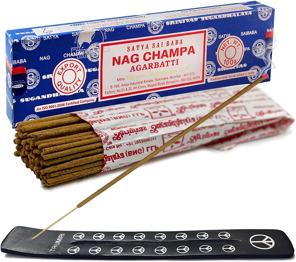 TRUMIRI Incense Stick Holder Bundle with Satya Sai Baba Nagchampa 100g Incense Sticks - Pack of 1 (Approx 100 Sticks)