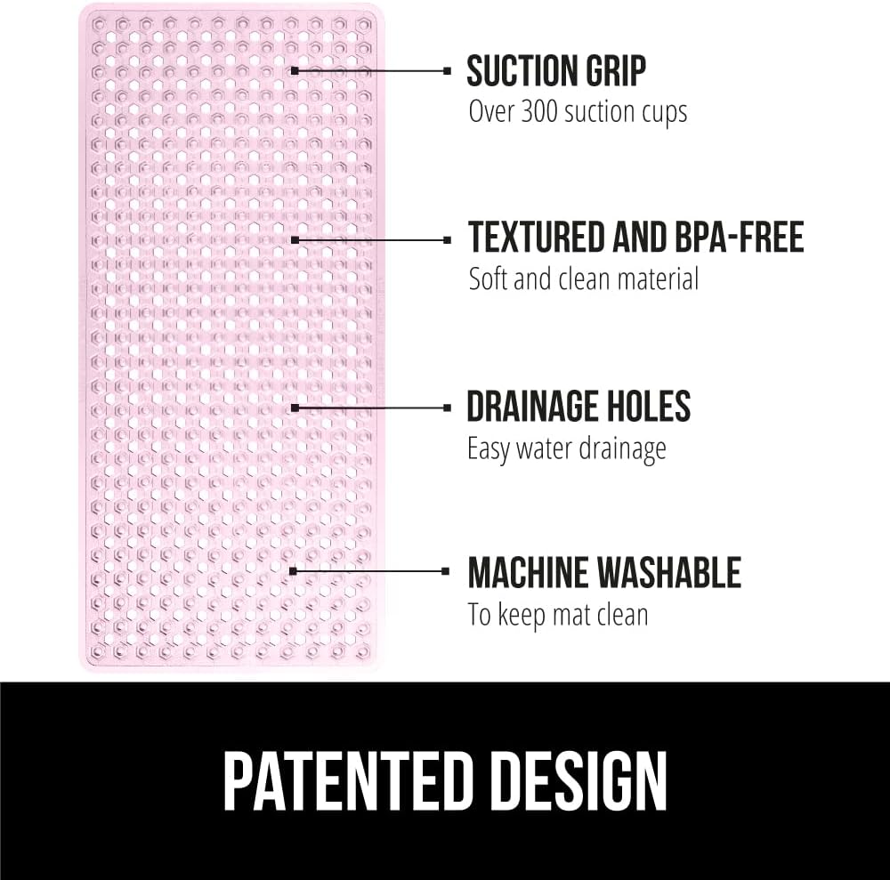 GORILLA GRIP Patented Bath Tub Shower Mat, Machine Washable Bathtub Floor Liner Mats, Suction Cups and Drain Holes to Keep Tubs Clean, Soft on Feet, Bathroom Essentials, 35x16 Inch, Clear Light Pink
