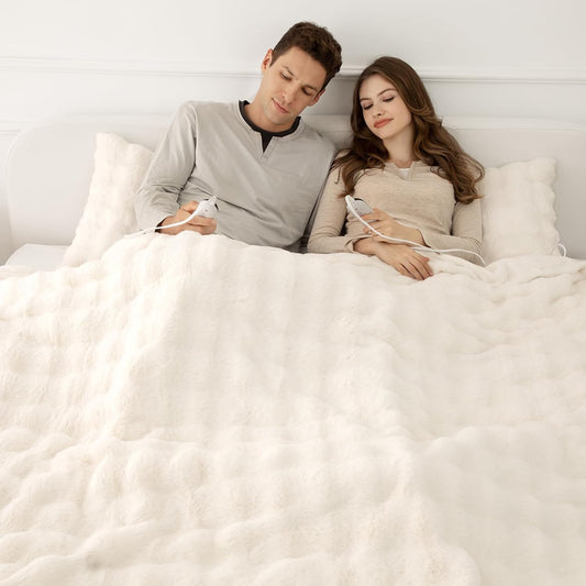 Faux Rabbit Fur Bubble Heated Blanket King Size White - Fluffy Thick King Size Electric Blanket with Dual Control, 6 Heating Levels & 10 Timer Settings, ETL Certified, Home Decor (100" x 90")