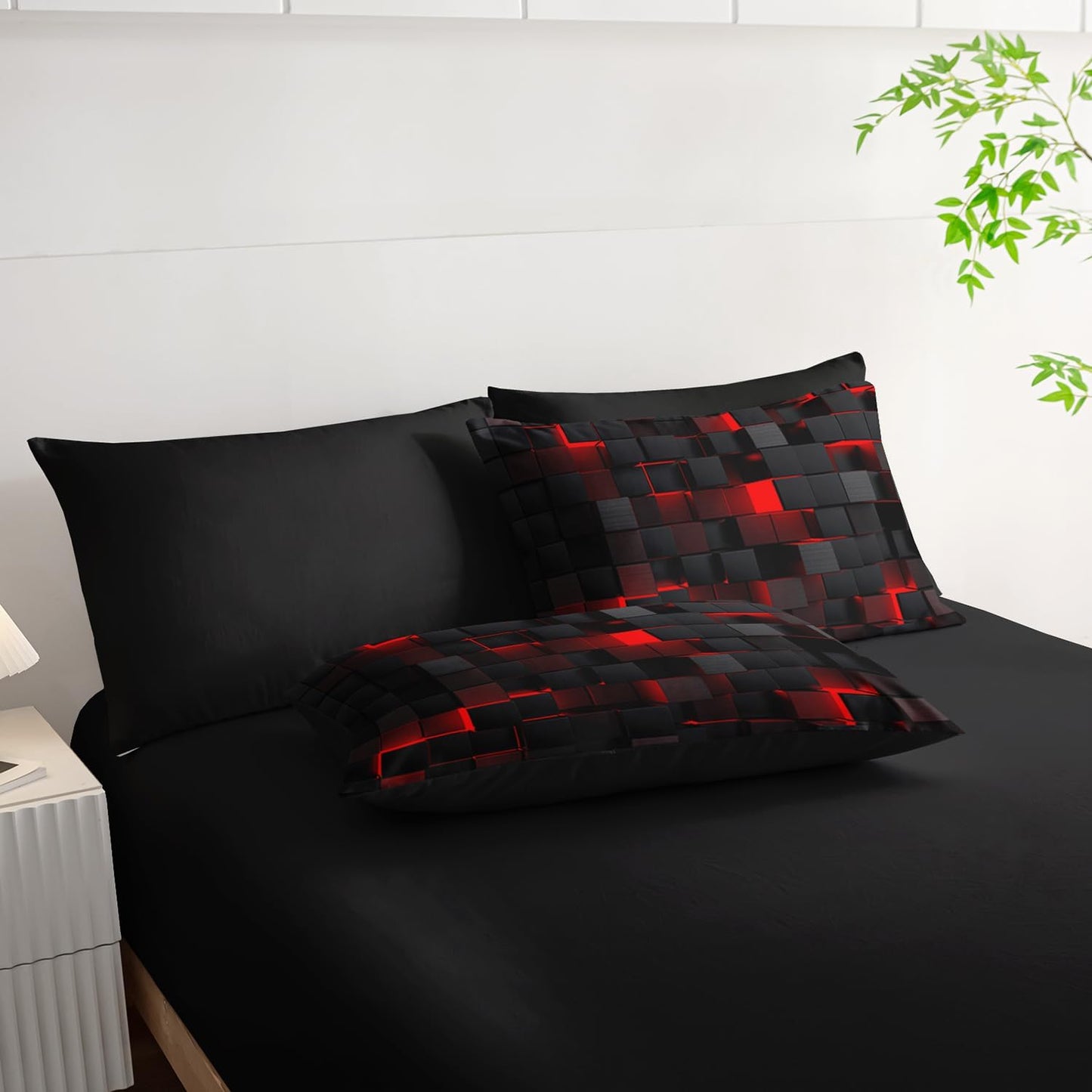 7pc Black & Red Comforter Set Twin - 3D Cube Bed in a Bag, Geometric Pattern, Soft Microfiber Bedding, All Season