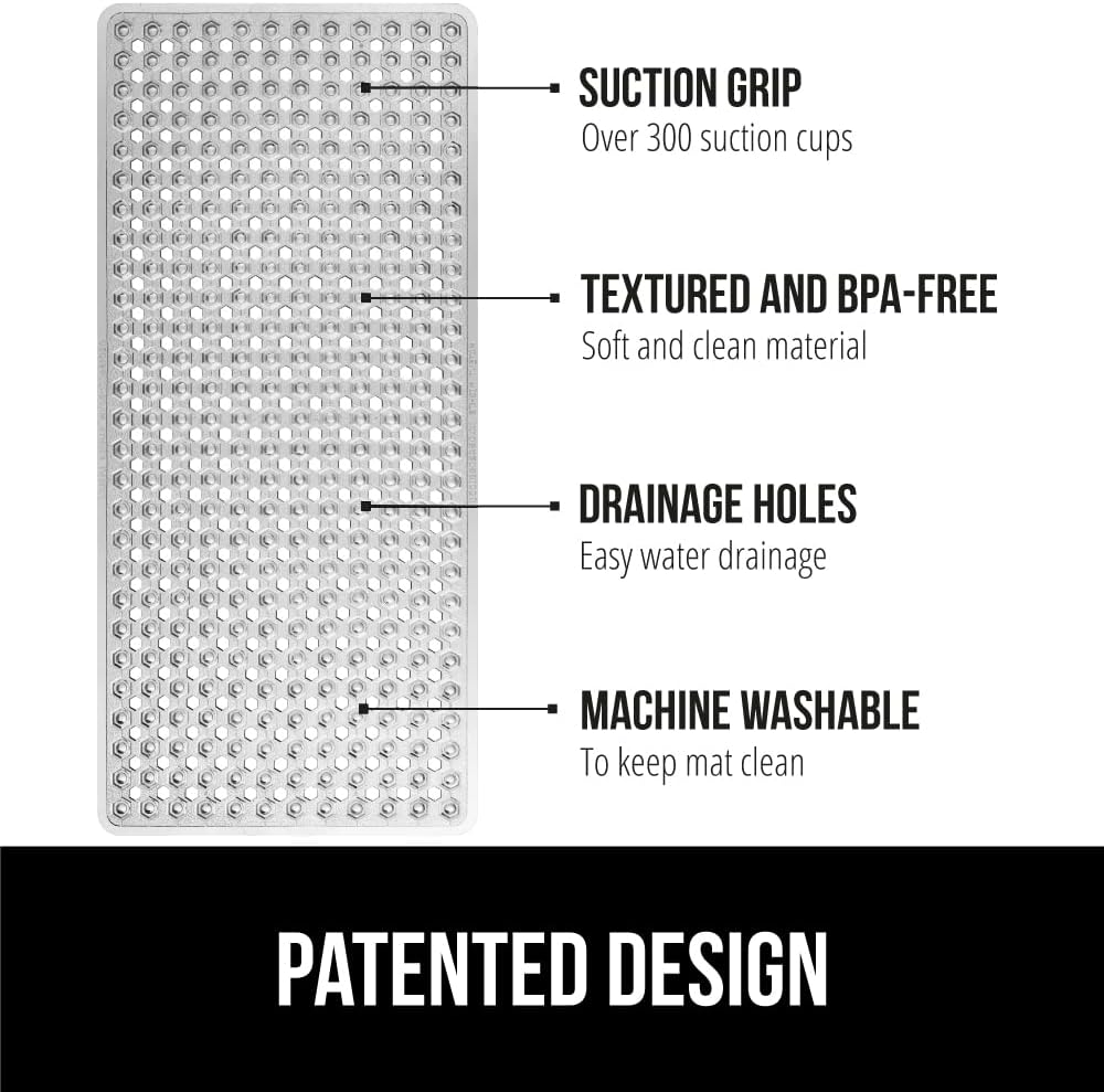 GORILLA GRIP Patented Bath Tub Shower Mat, Machine Washable Bathtub Floor Liner Mats, Suction Cups and Drain Holes to Keep Tubs Clean, Soft on Feet, Bathroom Essentials, 35x16 Inch, Clear Gray