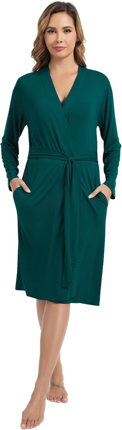 WiWi Women's Robe Long Sleeve Bathrobe with Pockets Soft Kimono Spa Lightweight Robes Bamboo Viscose Loungewear S-XXL