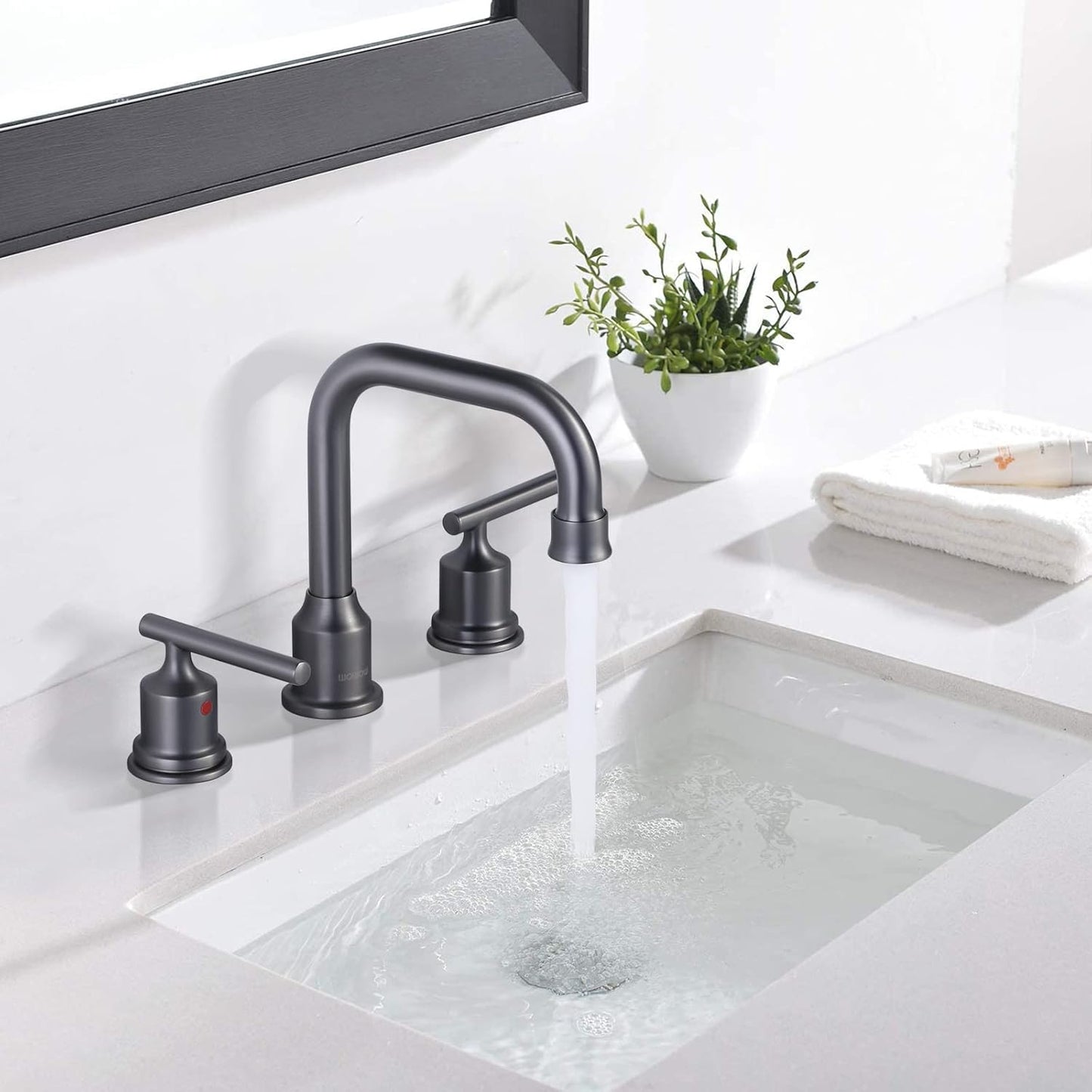 WOWOW Widespread Bathroom Faucet Brass Bathroom Sink Faucet Dark Grey Vanity Tap 3 Hole with Drain and Supply Lines, 2 Handle Basin Mixer Taps 3 Pieces