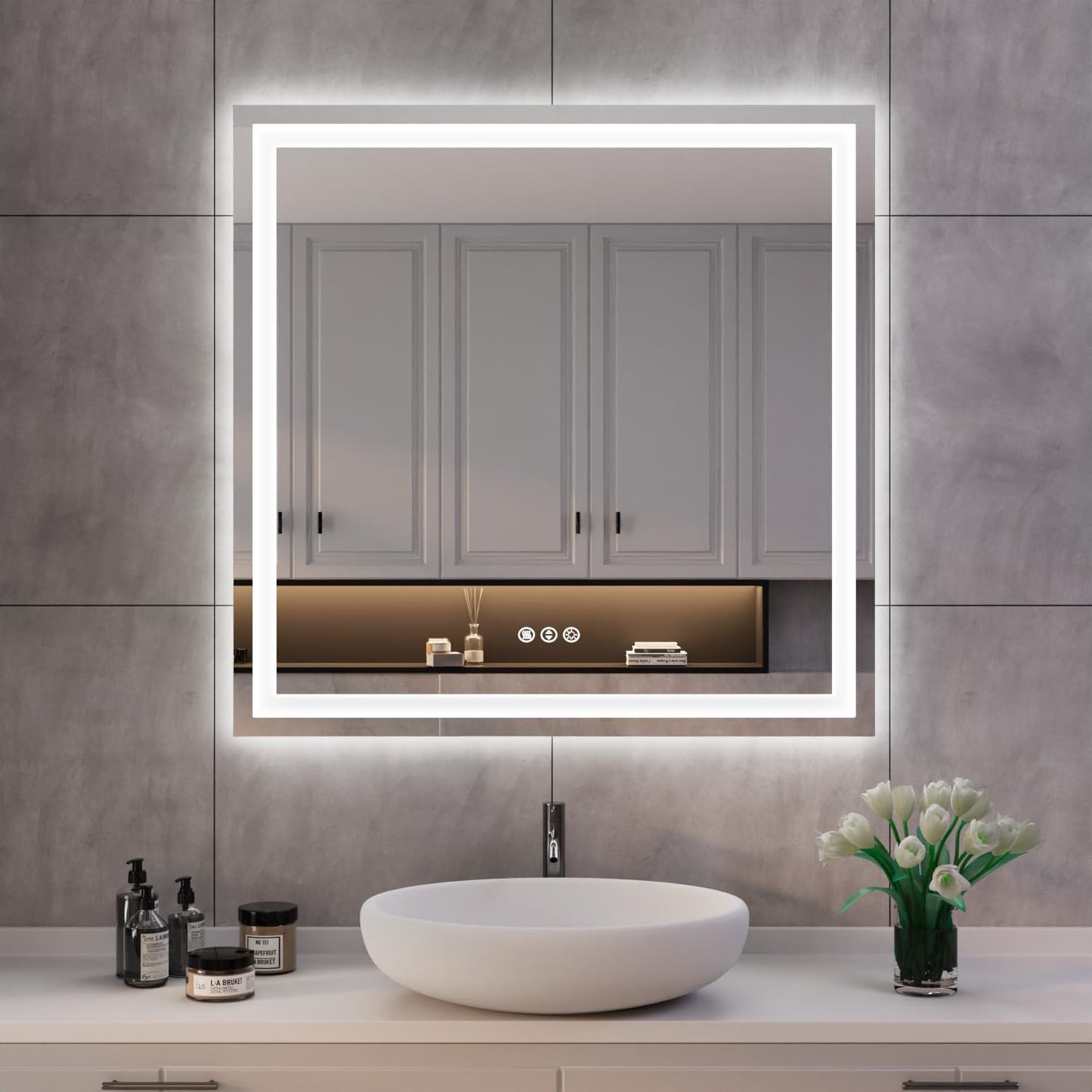 ISKM 32'' x 32'' LED Mirror for Bathroom Lighted Vanity Mirror for Wall Front Lights + Backlit LED Bathroom Mirror Anti-Fog Tempered Glass ETL Listed