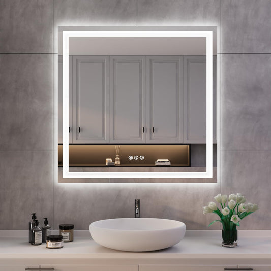 ISKM 32'' x 32'' LED Mirror for Bathroom Lighted Vanity Mirror for Wall Front Lights + Backlit LED Bathroom Mirror Anti-Fog Tempered Glass ETL Listed
