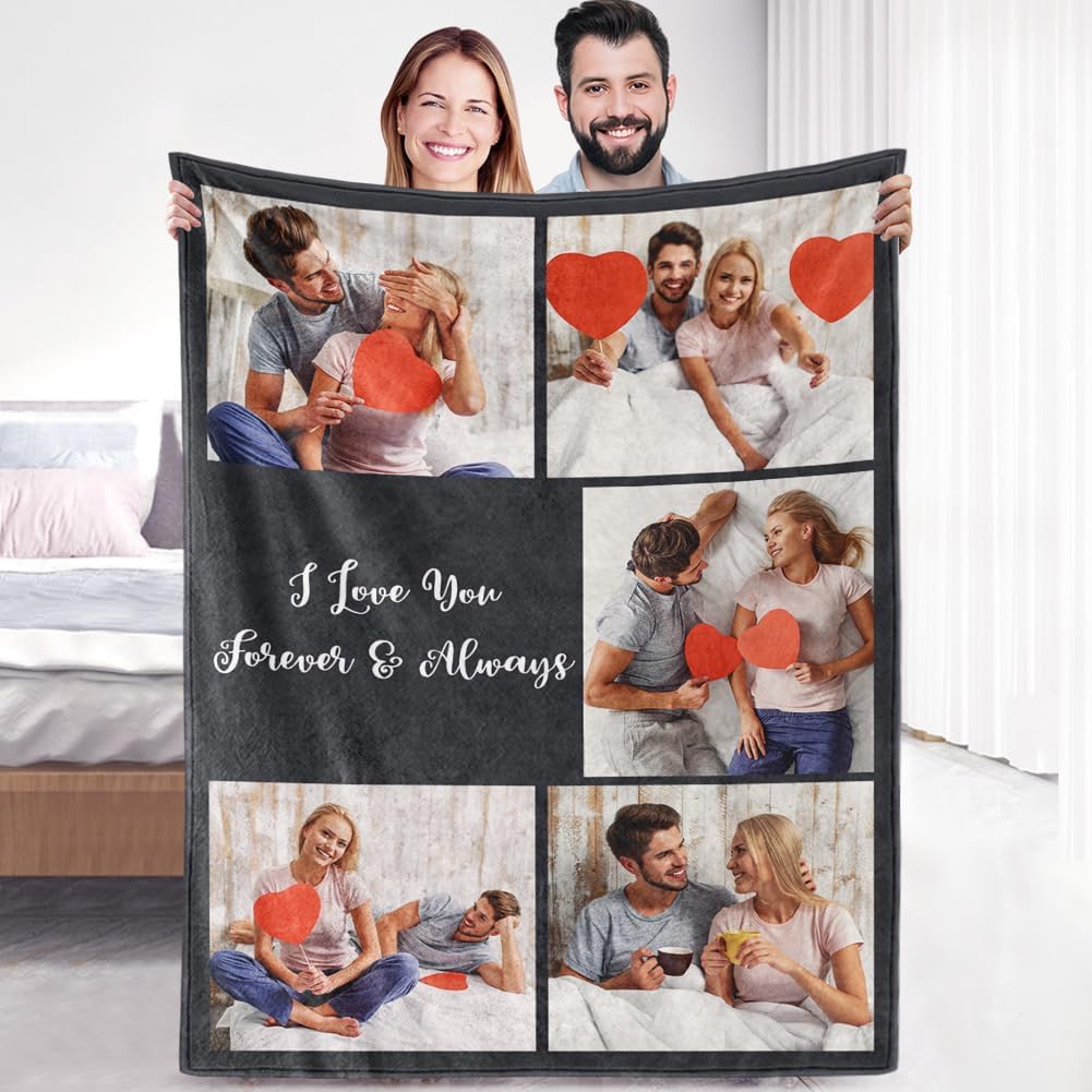 Custom Sherpa Fleece Blanket with Photos & Text - Soft, Warm & Fuzzy Personalized Couples Gifts for Boyfriend & Girlfriend - Customized Picture Blanket for Birthday, Anniversary & Christmas