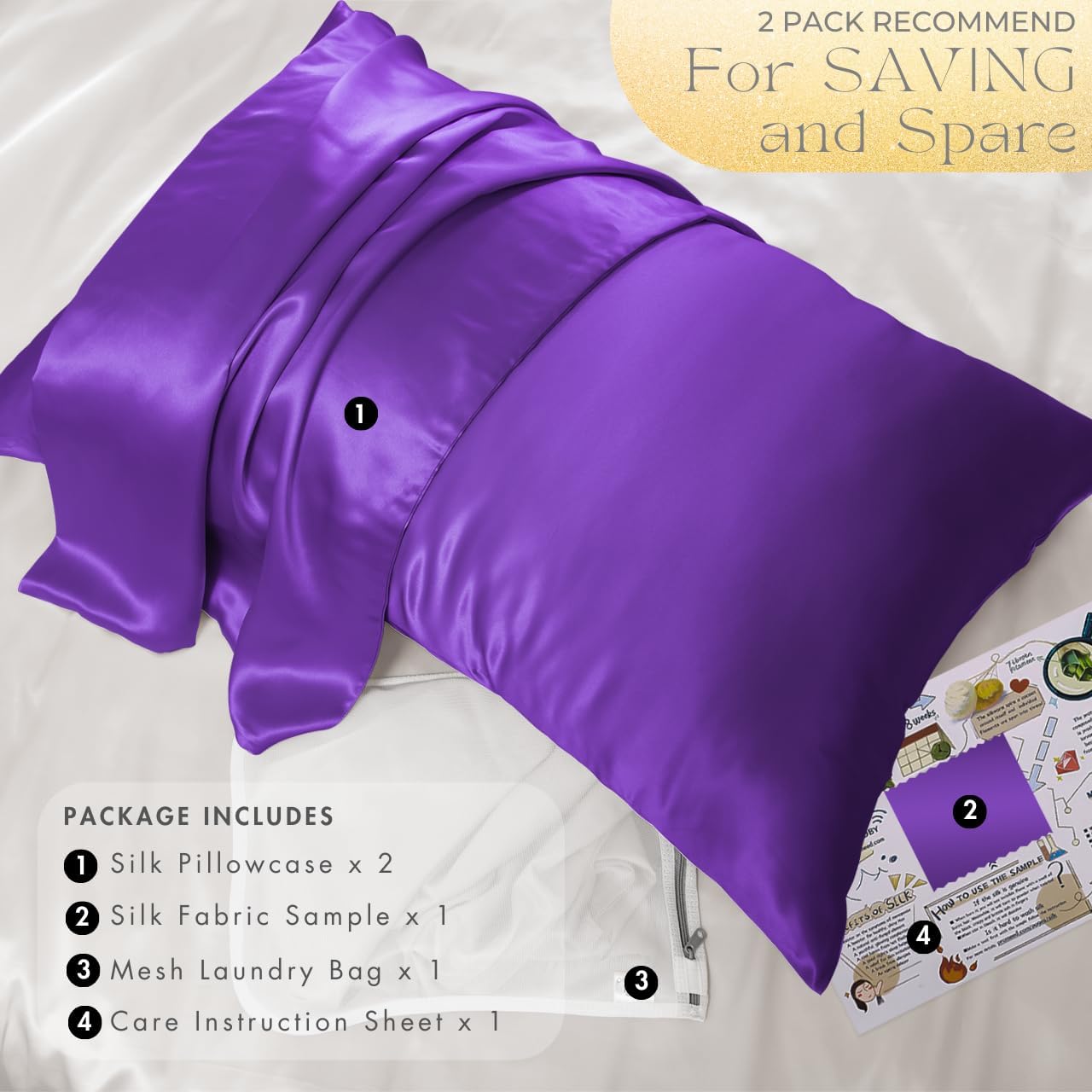 PROMEED 23 Momme Silk Pillowcase 2 Pack with Zipper, 3rd Gen Grade 6A+ 100% Mulberry Silk Pillow Case Set of 2, Cooling Pillow Cases for Hot Sleepers (Standard 20"x26", Purple)