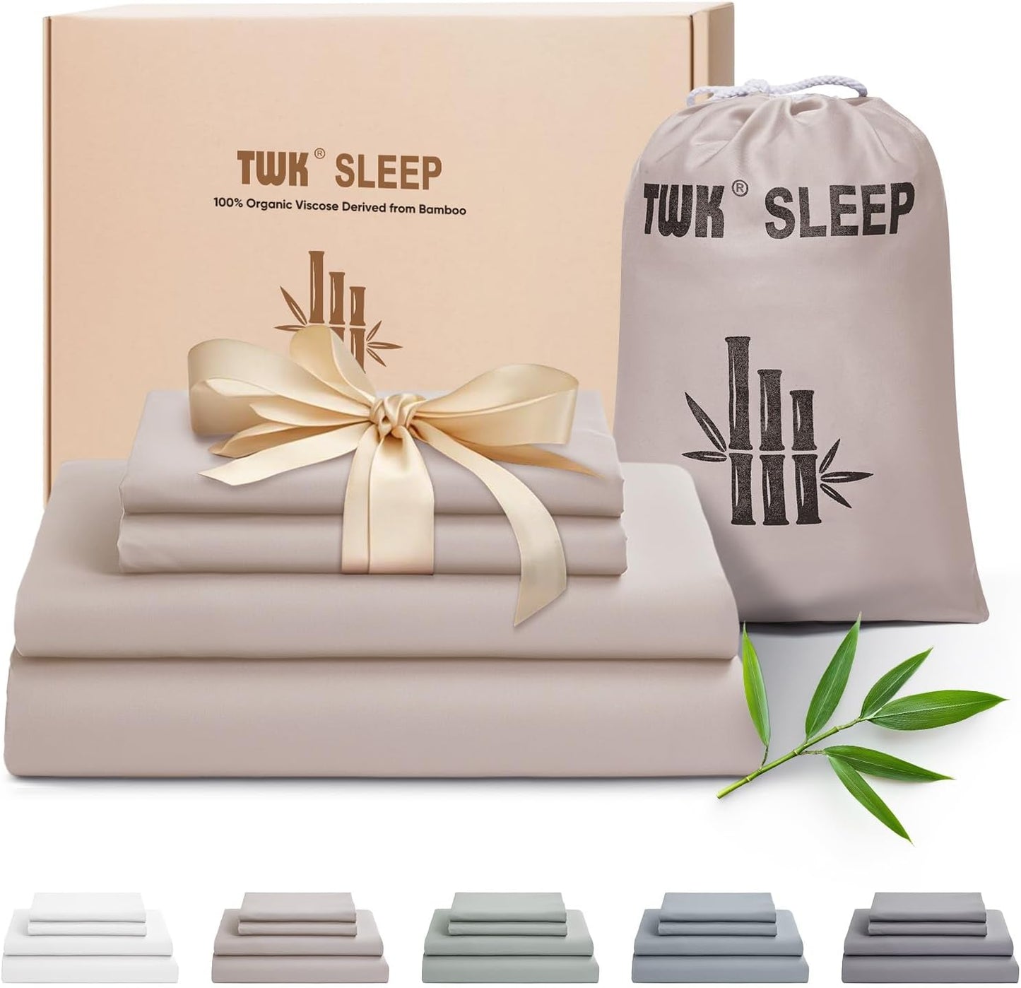 TWK Luxury Sheet Set, Genuine 100% Viscose Derived from Bamboo, Cooling & Breathable, Silky Soft, Bedding Sheets & Pillowcases(Sand Queen(60 * 80 * 15))