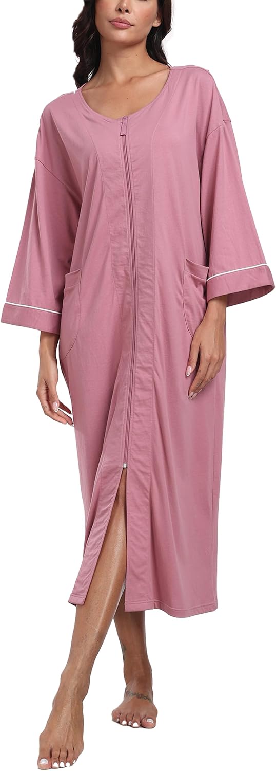 ANLIQI Women's 100% Cotton Robes Long Zipper Front House coats 3/4 Sleeve Bathrobes Lightweight Full Length Robe with Pockets