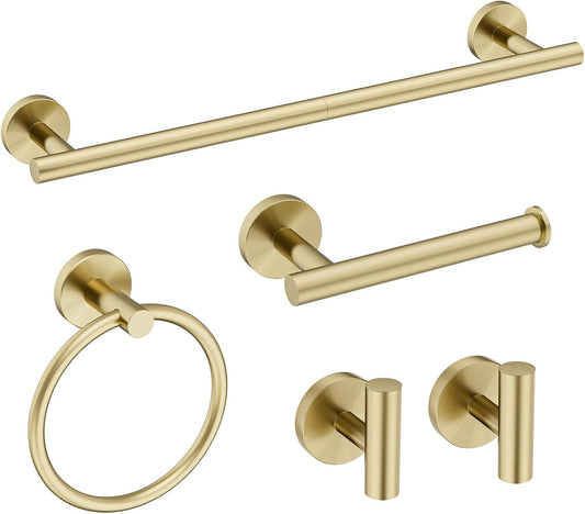 Gold Bathroom Accessories 5 Piece, 24 Inch Bath Hardware, Wall Mounted Brushed Gold Towel Rack, Durable SUS304 Stainless Steel Towel Bar Set