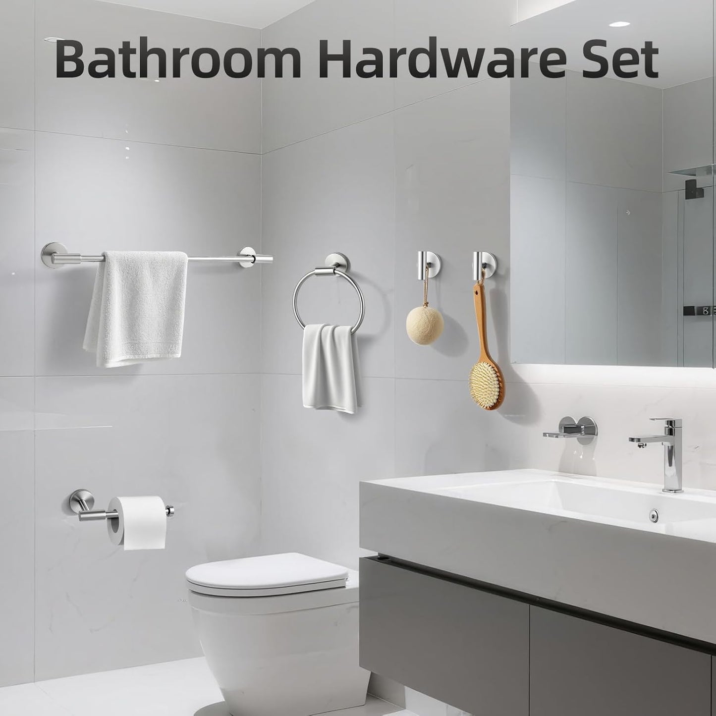 Brushed Nickel Bathroom Hardware Accessories Set, Bathroom Towel Holder Set 5 Pieces, SUS304 Stainless Steel Towel Bar Set Wall Mounted-19 Inch Towel Bar, Paper Towel Holder, Towel Hooks, Towel Ring