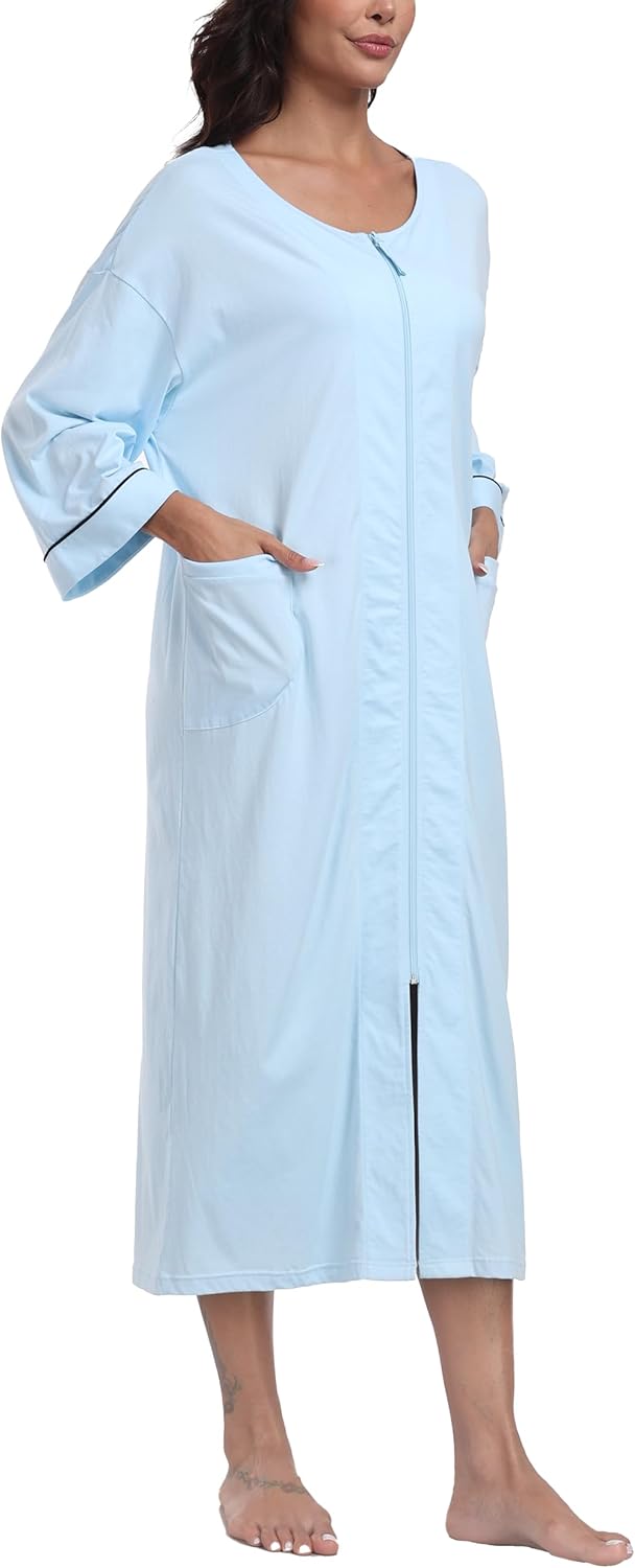 ANLIQI Women's 100% Cotton Robes Long Zipper Front House coats 3/4 Sleeve Bathrobes Lightweight Full Length Robe with Pockets