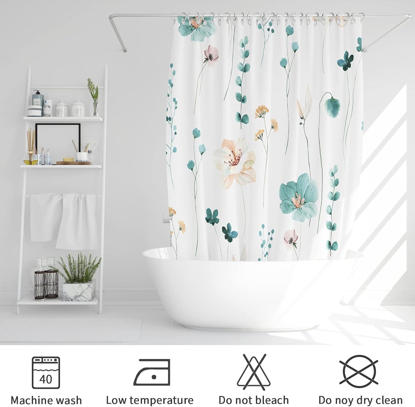 Gibelle Long Shower Curtain 72 x 78, Watercolor Floral Fabric Shower Curtain, Teal Beige Flower Decorative Bathroom Shower Curtain Set with Hooks
