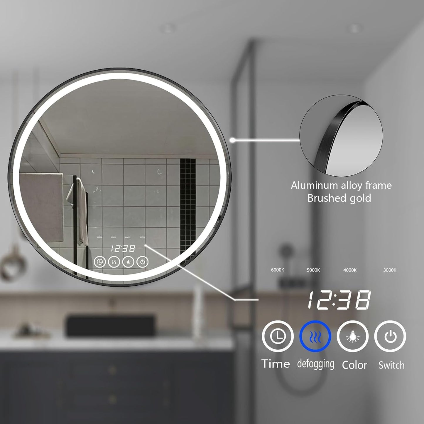 28 Inch Wall-Mounted Round Bathroom Mirror with LED-Lights - Frame Vanity Mirrors (28" x 28", Black)