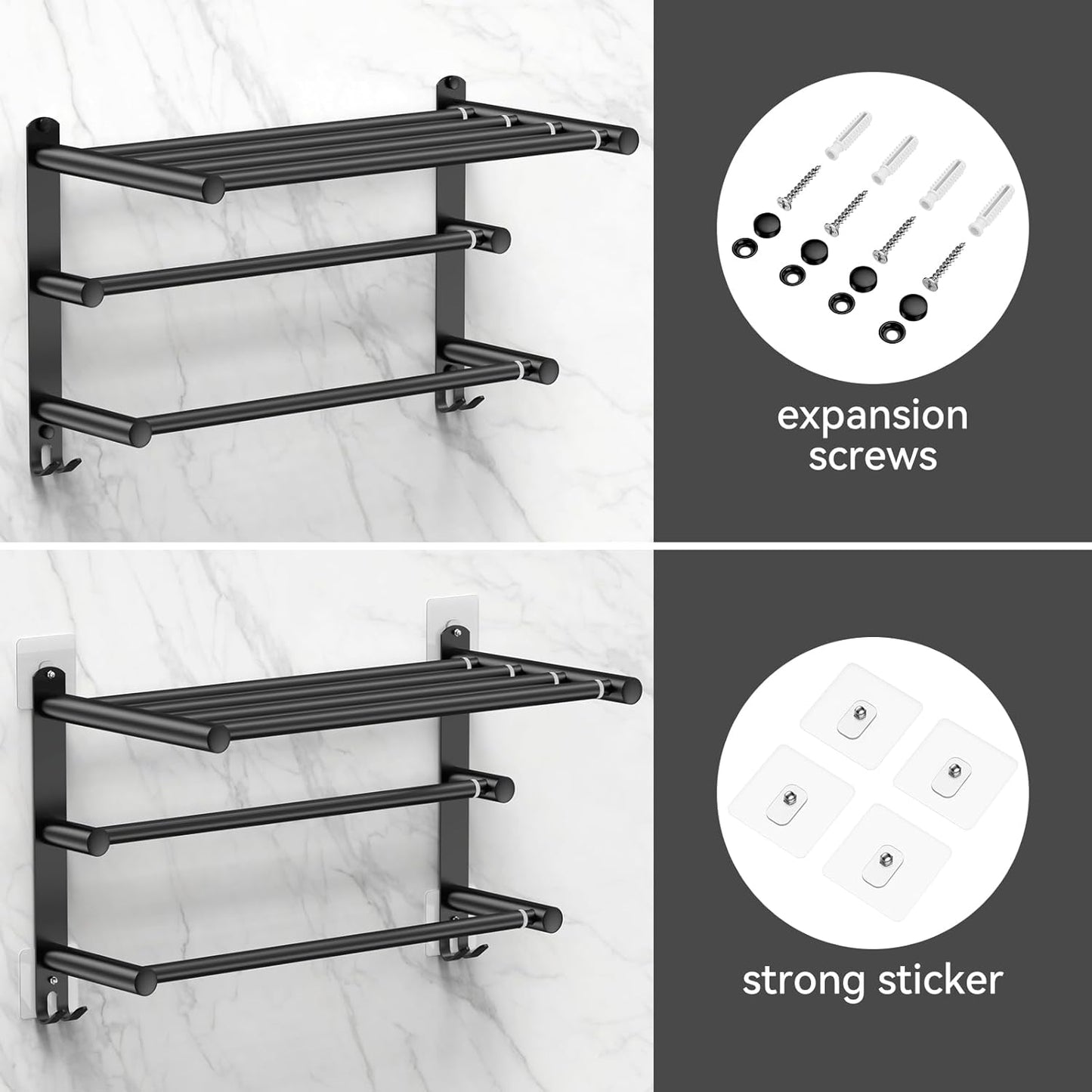 Black Adjustable Towel Bar for Bathroom Wall Mount17-30.7inch Adhesive Shower Towel Rack Stainless Steel Bath Towel Holders for Toilet Kitchen Double Towel Hanger (Black 3-Layer Towel Rack)