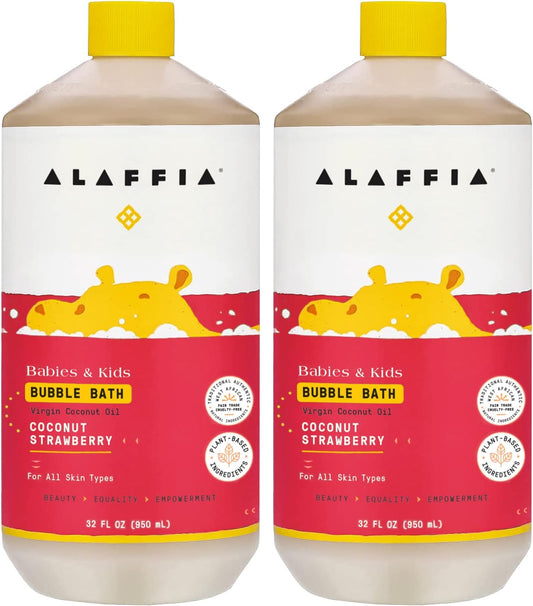 Alaffia Babies and Kids Bubble Bath, Gentle Baby Essentials for Delicate Skin, Cleansing & Calming Bubbles, Plant Based Formula, Vegan, Coconut Strawberry (2 Pack - 32 Fl Oz Ea)