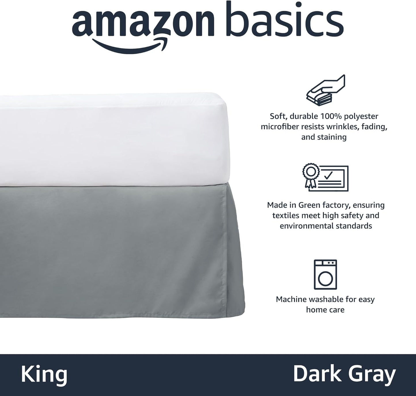 Amazon Basics Lightweight Pleated Bed Skirt, King, Dark Grey, Solid