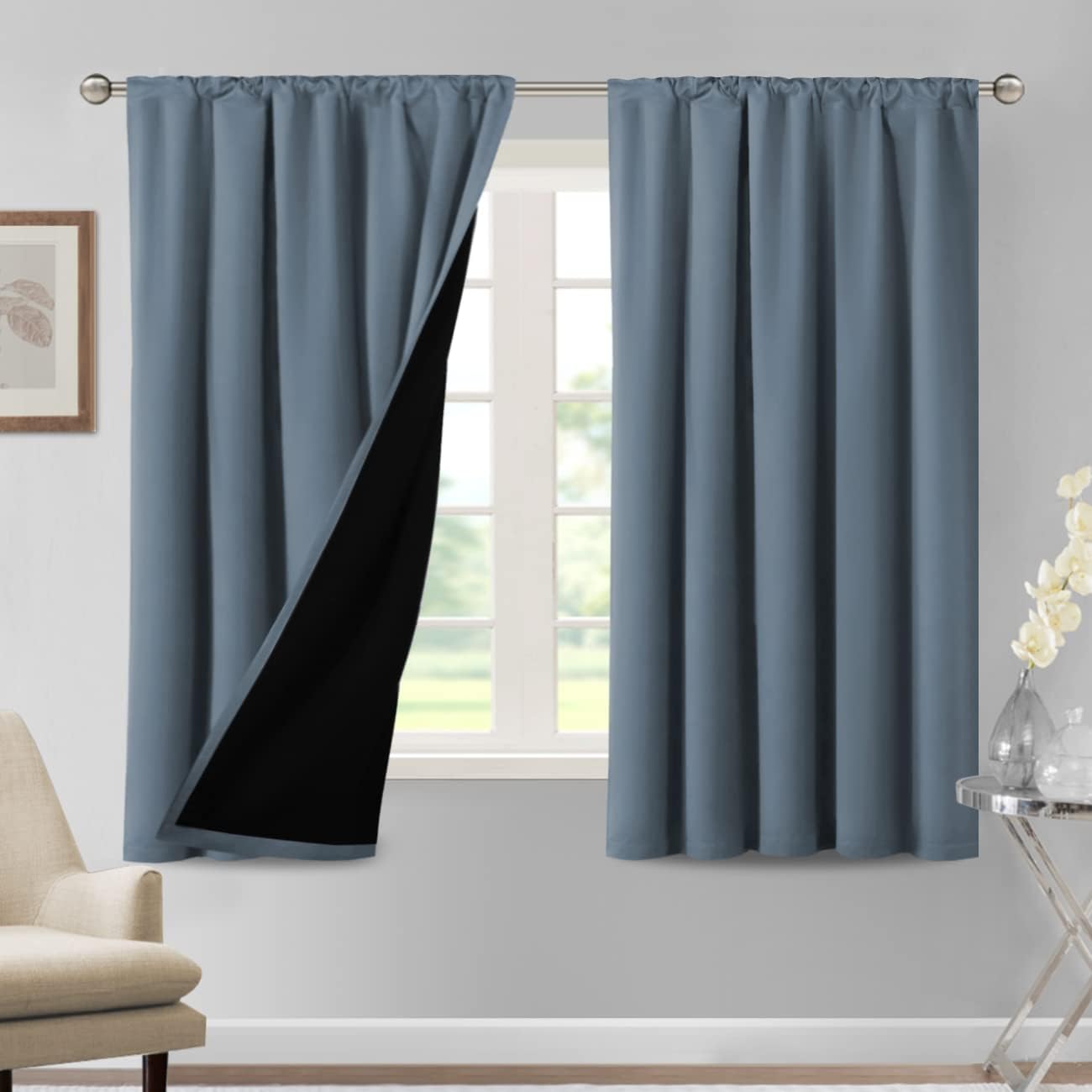 H.VERSAILTEX 100% Blackout Curtains for Bedroom Thermal Insulated Blackout Curtains for Living Room 63 Inches Long Rod Pocket Curtains with Black Liner 2 Panels Set, Stone Blue
