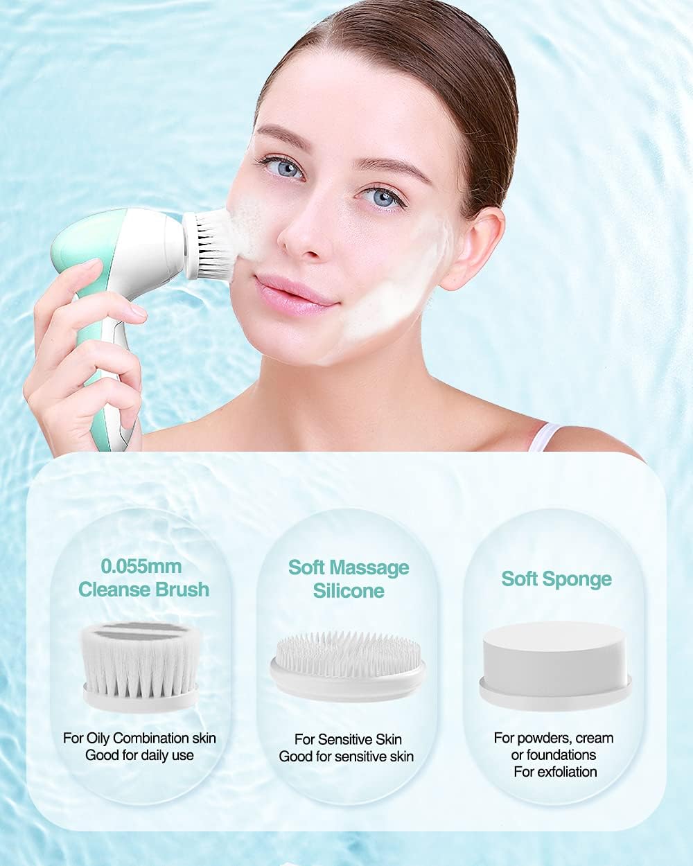 Electric Facial Cleansing Brush for Women, 3-in-1 Face Cleanser and Exfoliator Brush with 3 Brush Heads, 2 Speeds, Waterproof Spin Brush, Portable Travel Case (Green, Battery Operated)