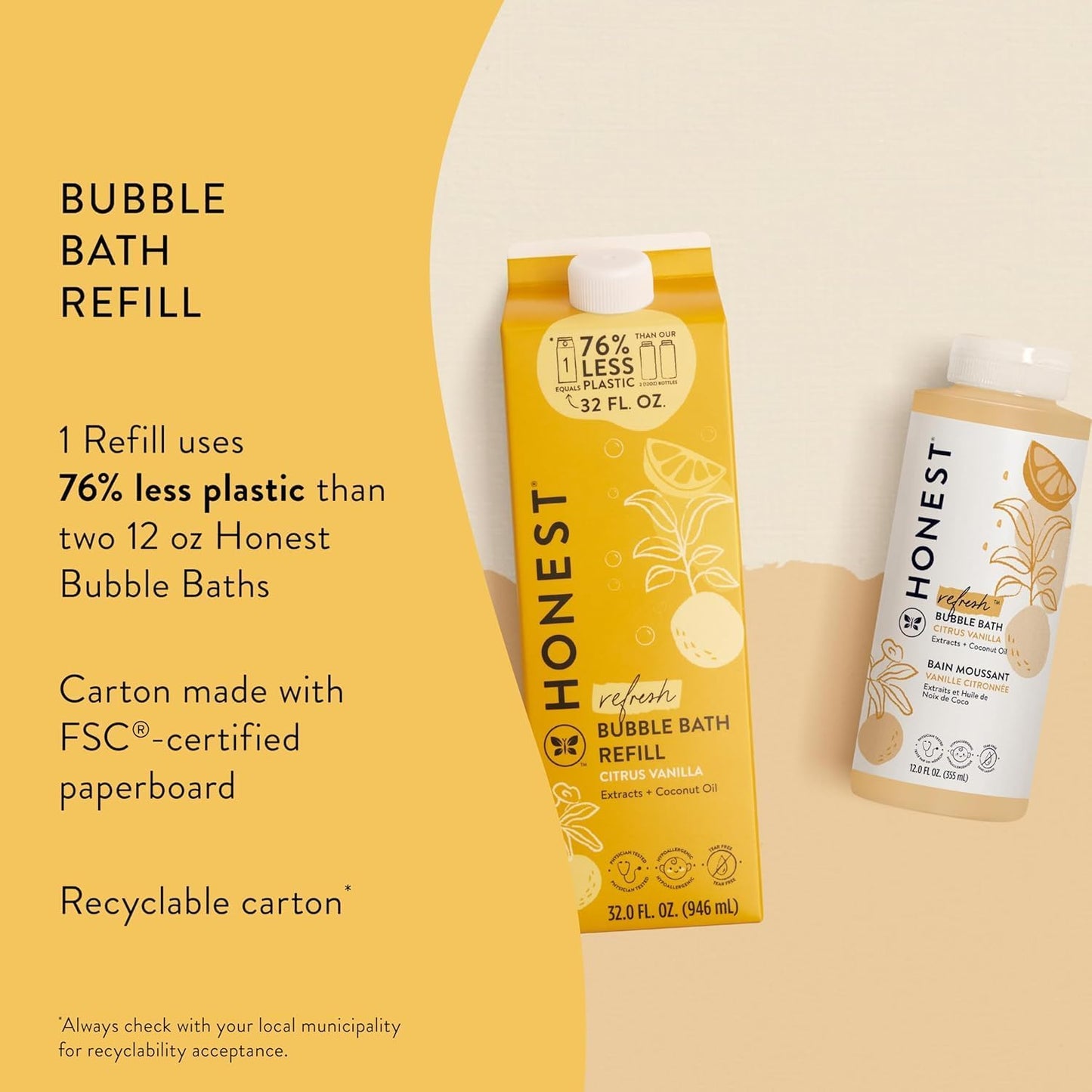 The Honest Company Foaming Bubble Bath Refill Carton Gentle for Baby Naturally Derived Tear-Free Hypoallergenic Citrus Vanilla Refresh 32 fl oz