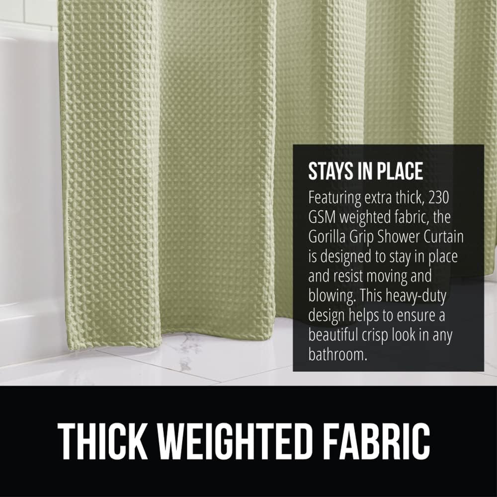 GORILLA GRIP Waffle Shower Curtain, Thick Weighted Fabric, Wrinkle and Rust Resistant, Classic Hotel Quality Design, Heavy Duty Long Curtains for Bathroom Showers, Bath Tubs, Machine Wash, 72x72, Sage