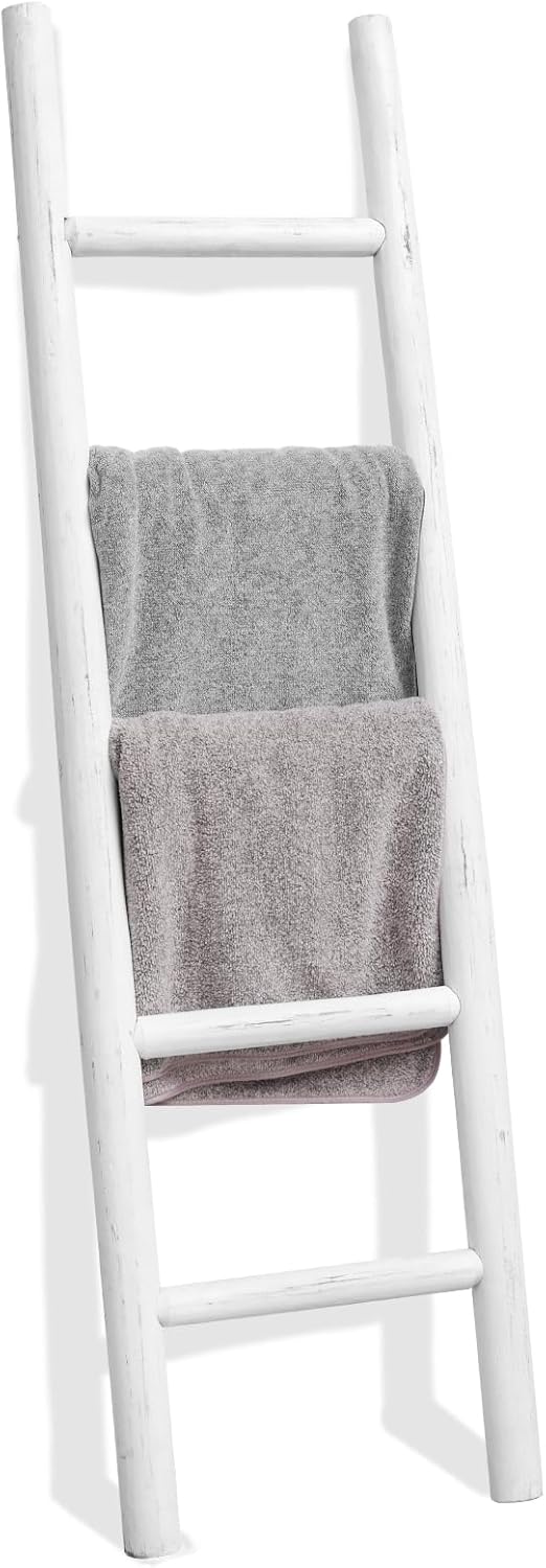 FUIN 57in Wood Blanket Ladder Living Room Decorative Wall Leaning Farmhouse Quilt Display Holder Rustic Wooden Towel Rack for Bathroom, White