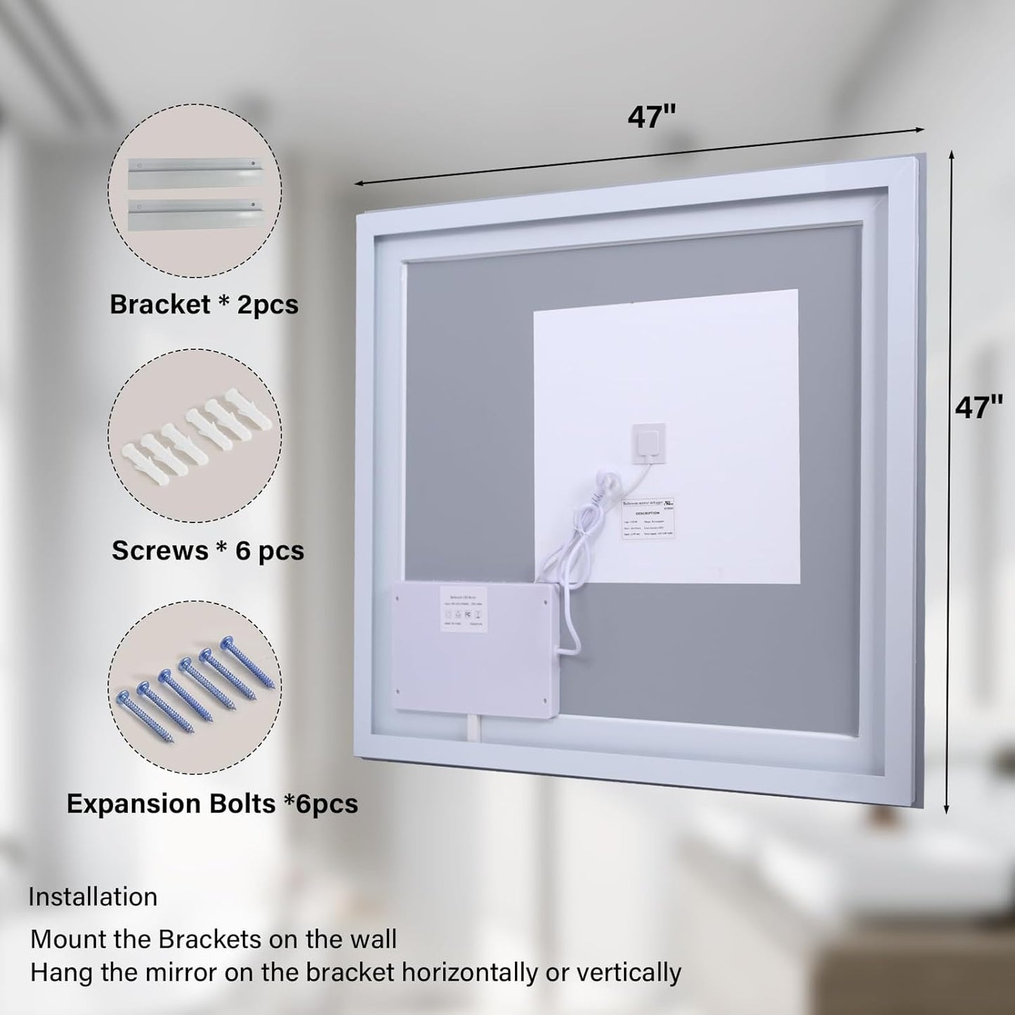 47"x 47" LED Bathroom Mirror, Backlit + Front Lit, LED Bathroom Mirror with Lights for Wall, 3 Colors, Anti-Fog, Dimmable Brightness, Memory Function, Tempered Glass